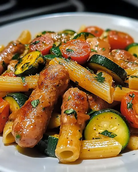 Chicken Sausages with Zucchini, Tomatoes, and Pasta Delight!