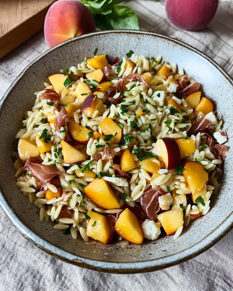 Peach Prosciutto Hot Honey Orzo Salad is a must-try!