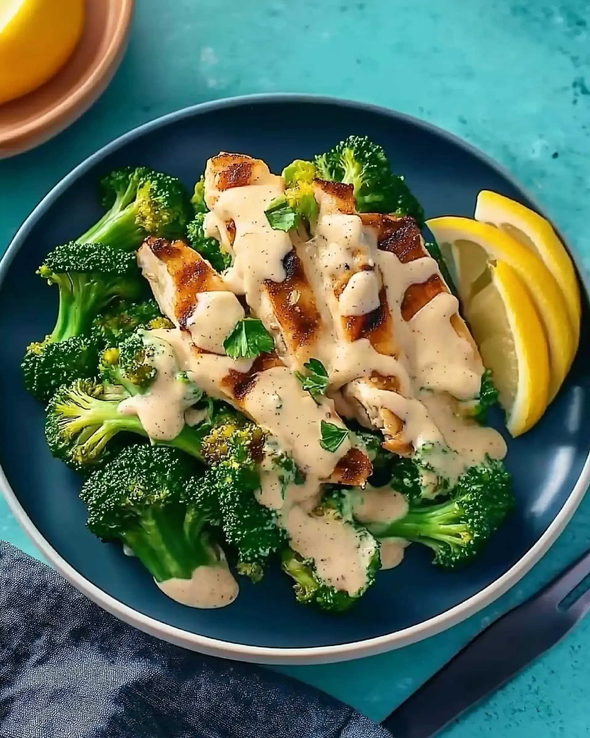 Grilled Chicken & Broccoli Bowls with Creamy Garlic Sauce are delicious!