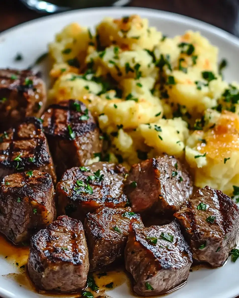 Garlic Butter Steak Bites and Cheesy Smashed Potatoes is a must-try!