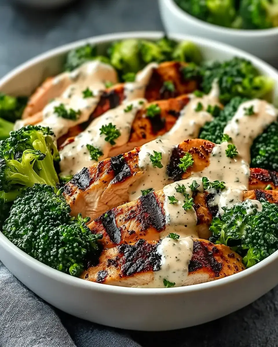 Grilled Chicken & Broccoli Bowls with Creamy Garlic Sauce are delicious!