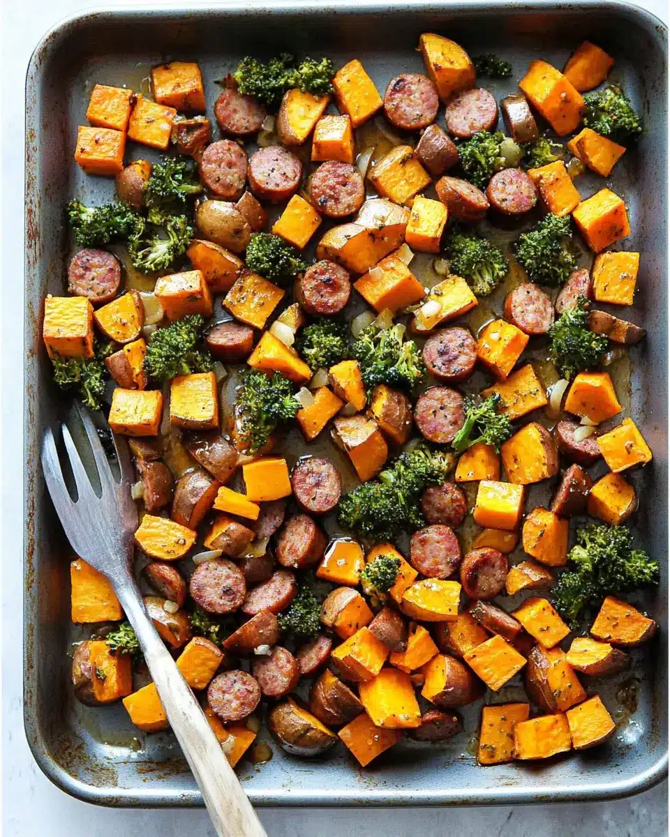 Sheet Pan Sausage and Sweet Potatoes with Honey Garlic Sauce for Easy Weeknight Meals