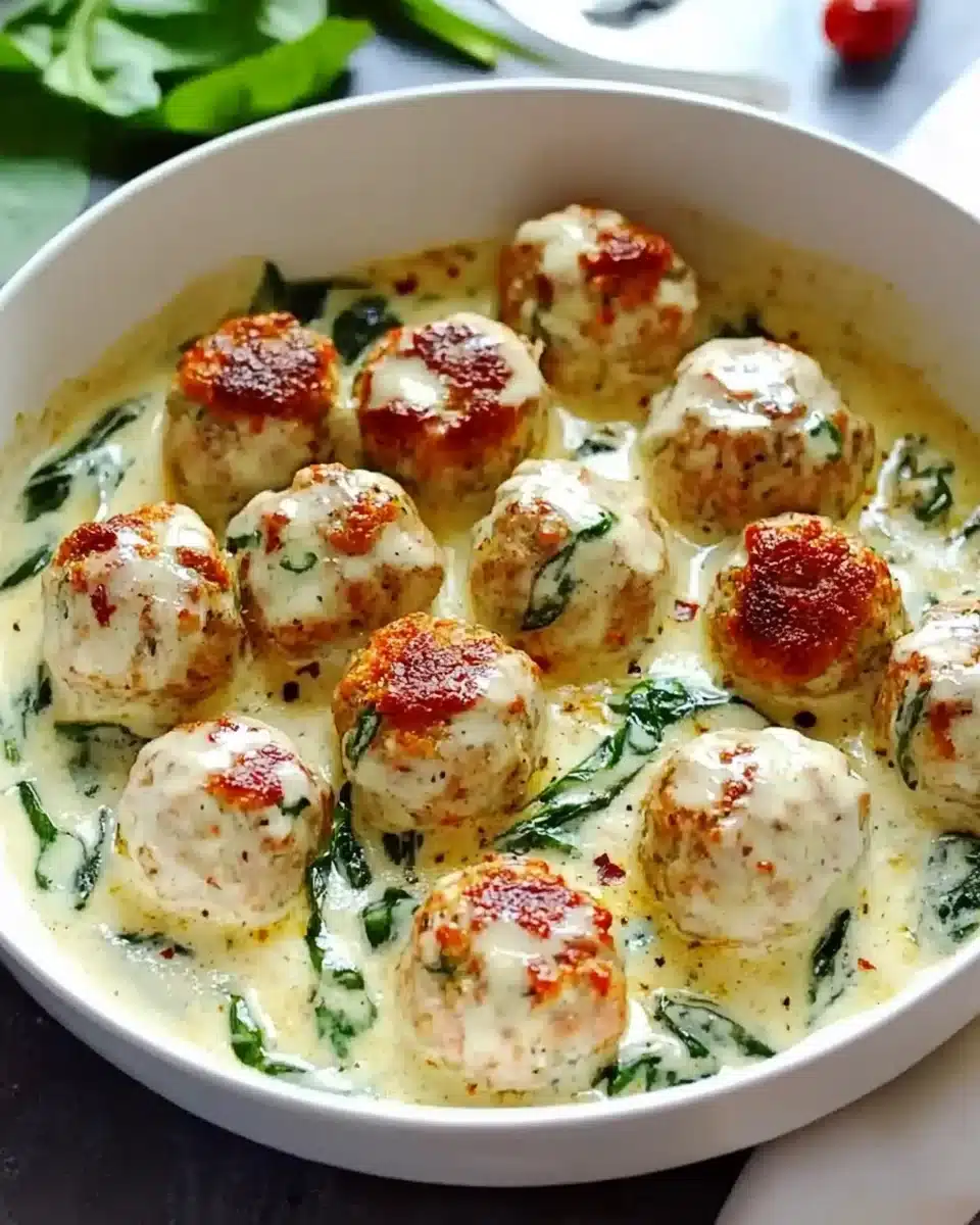 Baked Chicken Ricotta Meatballs with Spinach Alfredo Sauce delightfully combine flavor and nutrition!