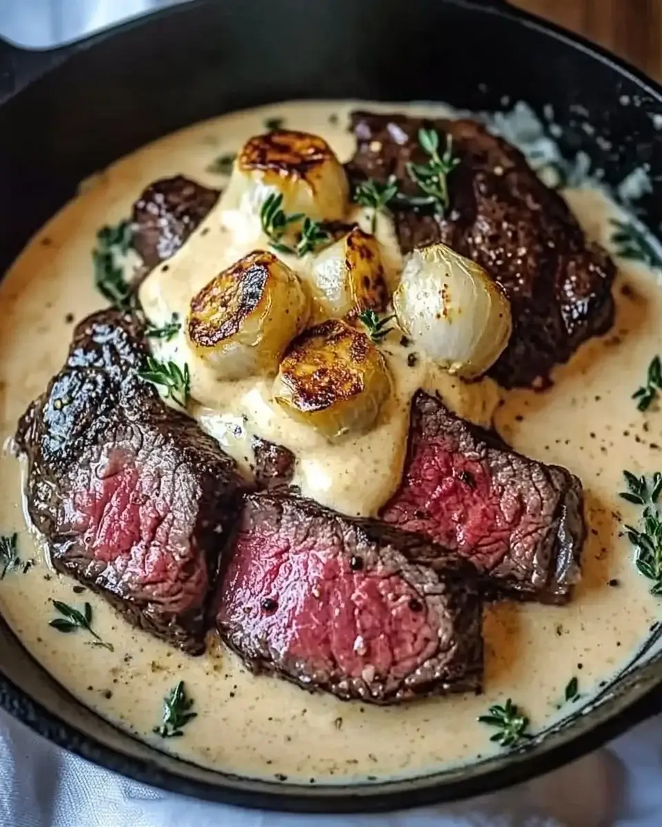 Cast Iron Bavette Steak with Whiskey Garlic Cream Sauce made easy!