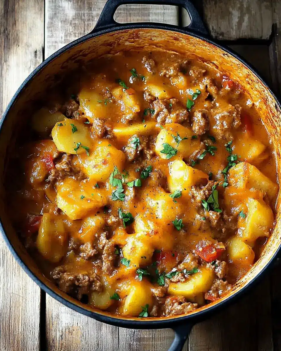 Cheesy One Pot Beef and Potatoes with Dumplings Delight