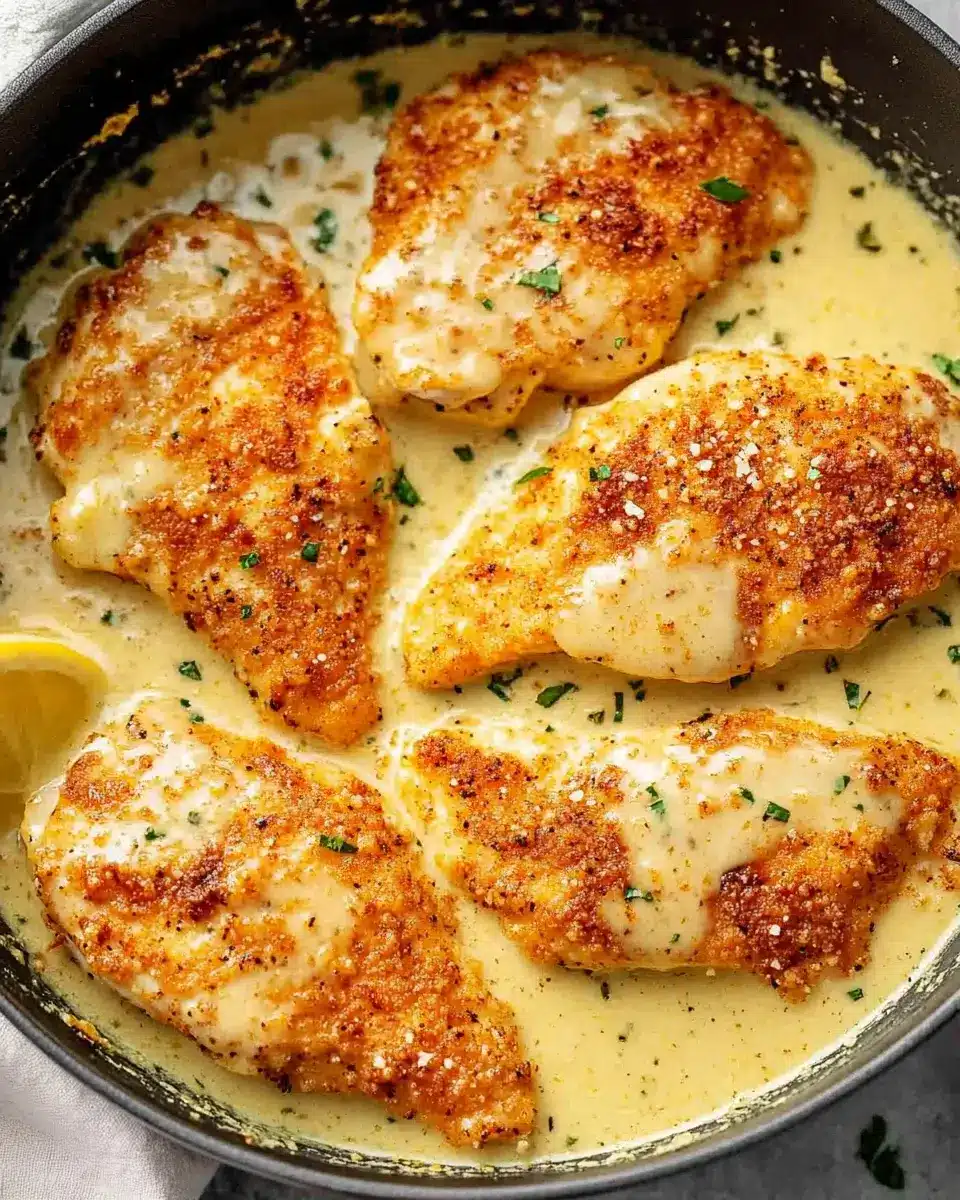 Crispy Parmesan Chicken with a Rich Garlic Sauce awaits you!
