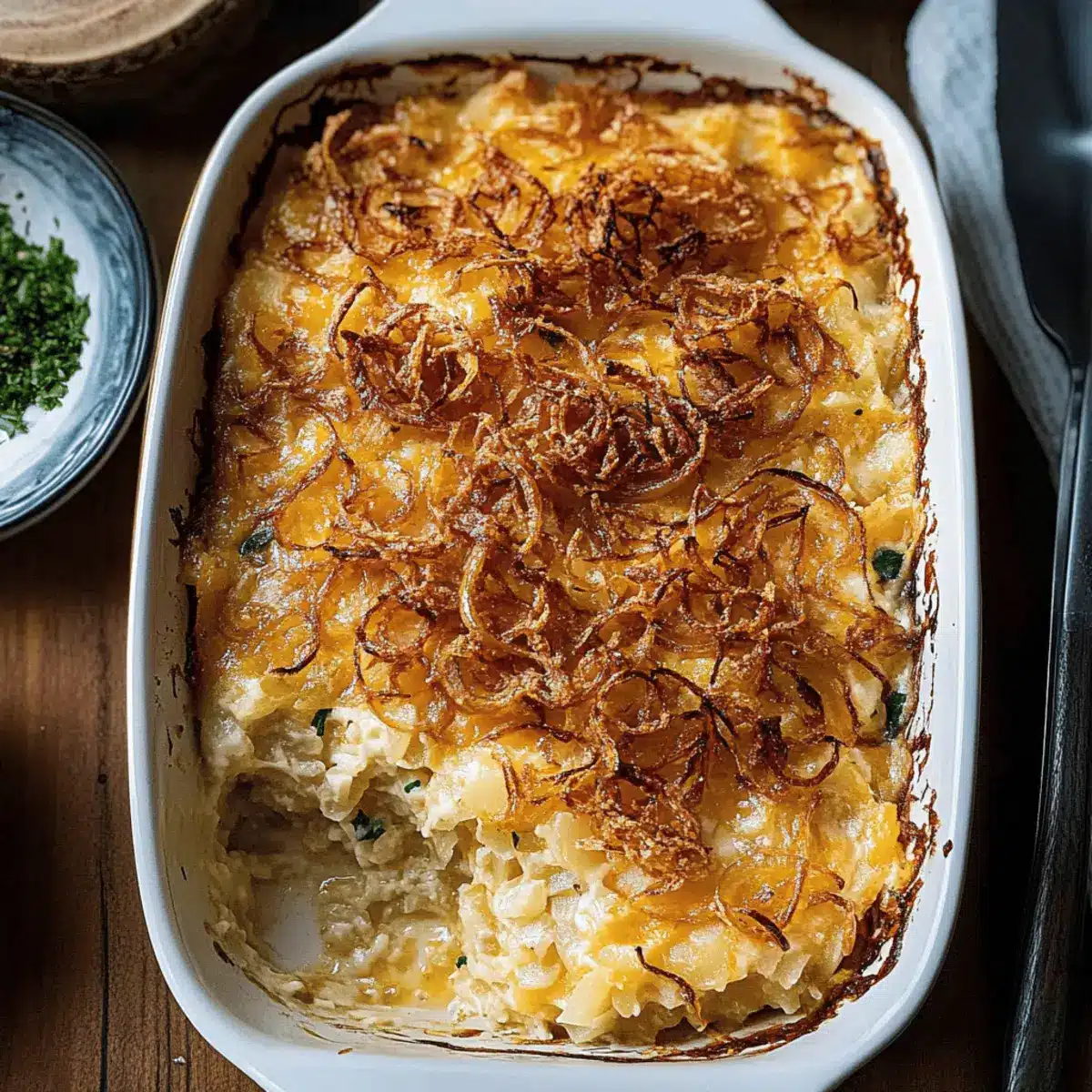 Delicious French Onion Funeral Potatoes with Crunchy Onions