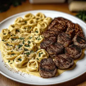 Garlic Butter Steak with Cheesy Alfredo Tortellini