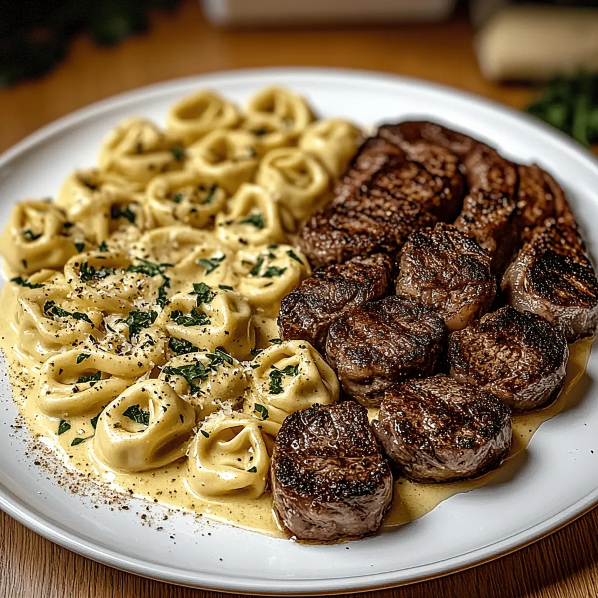 Garlic Butter Steak with Cheesy Alfredo Tortellini Delight