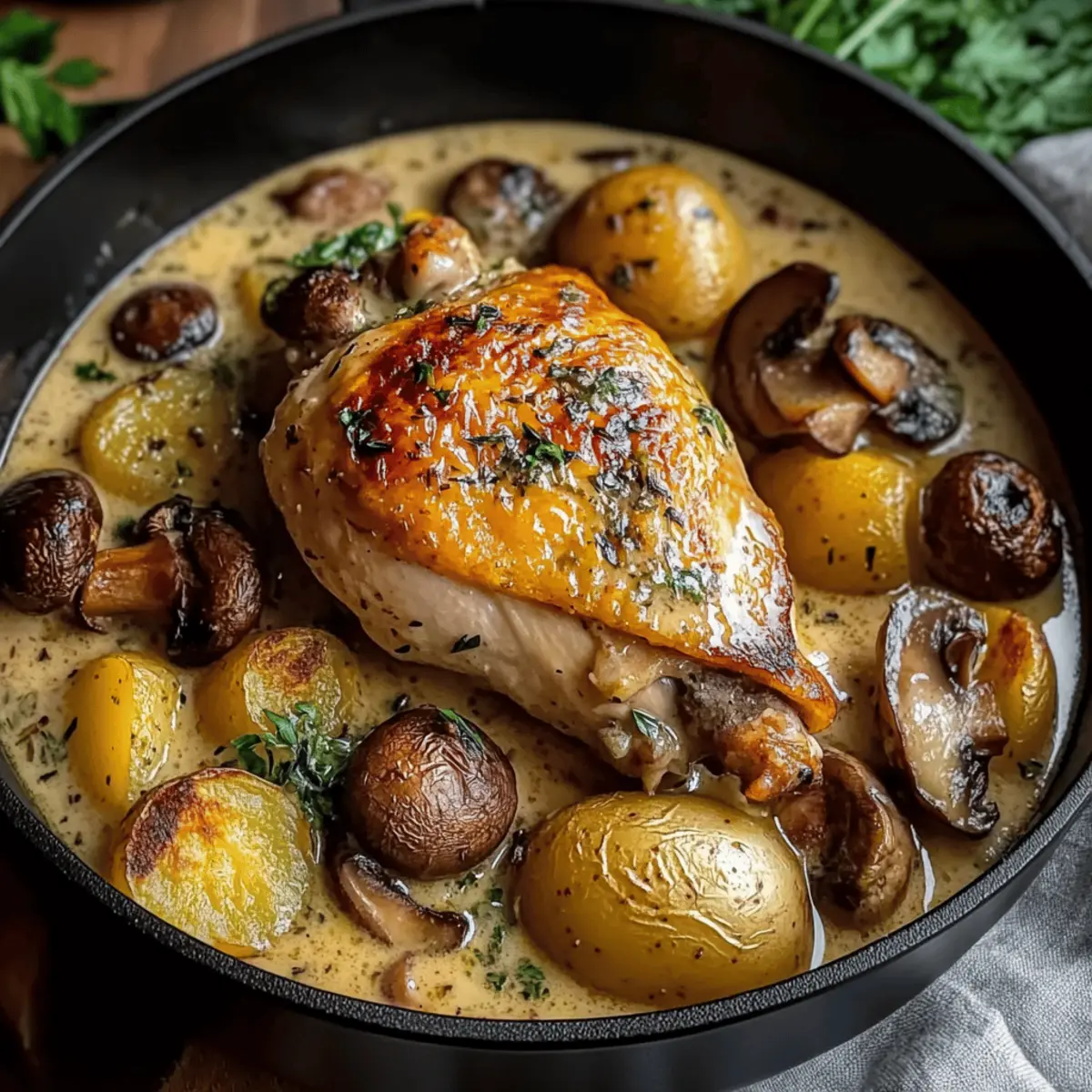 Herb Roasted Chicken in Creamy White Sauce with Mushrooms & Potatoes