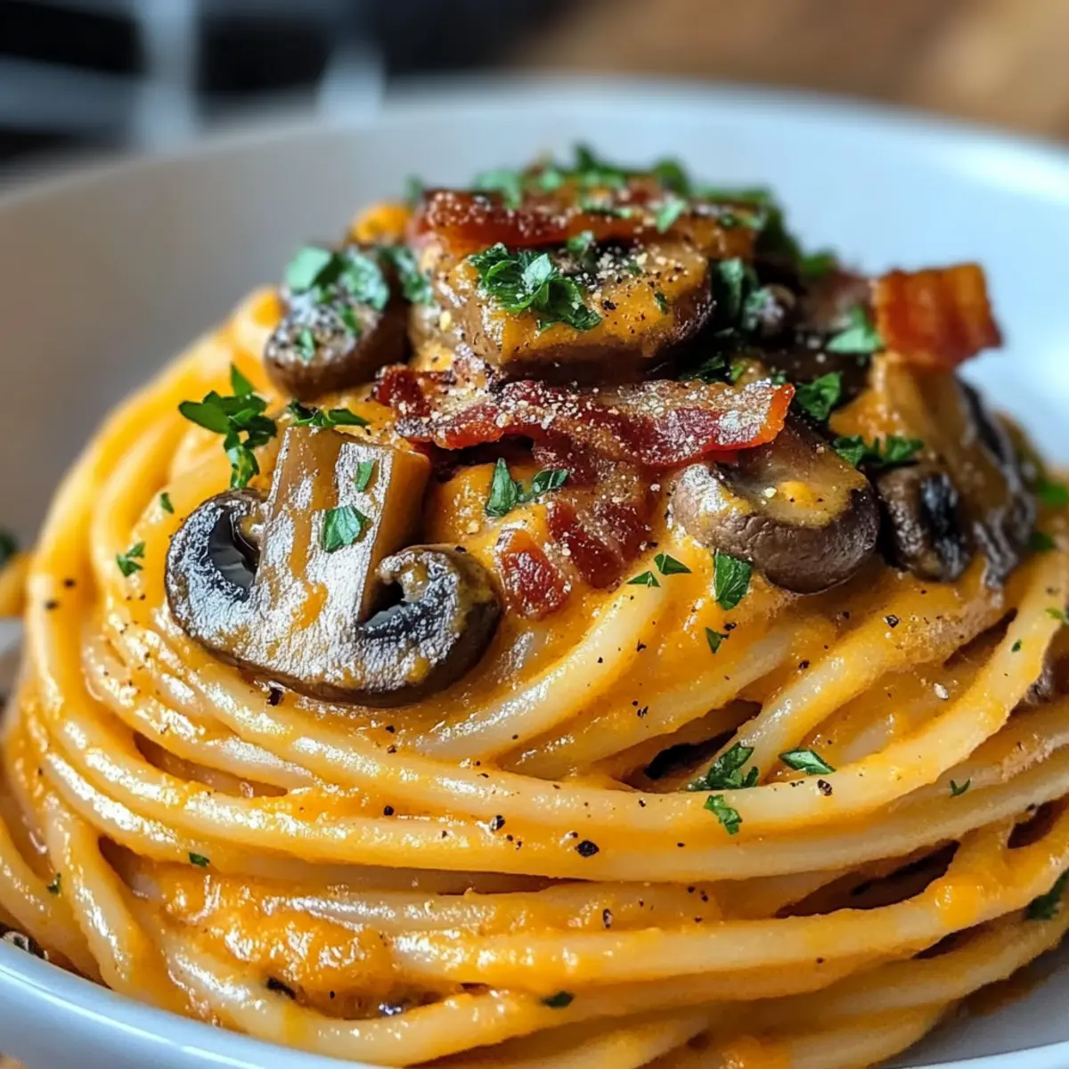 Cozy Pumpkin & Mushroom Spaghetti with Crispy Bacon Delight