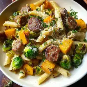 Autumn Dinner with Sausage, Pasta, Brussels Sprouts, Butternut Squash, Garlic Butter Sauce