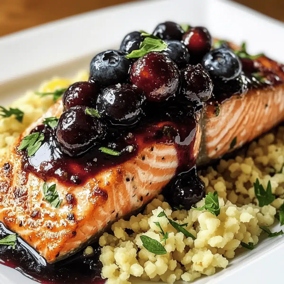 Blueberry Glazed Salmon with Lemon Herb Couscous Perfection