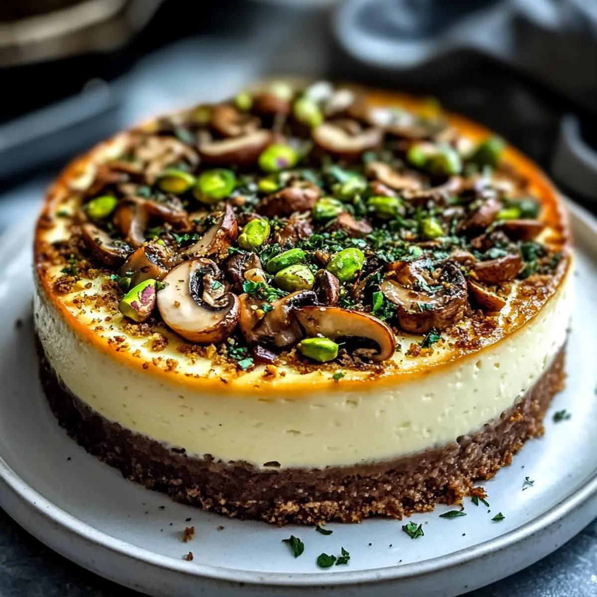 Pistachio and Mushroom Cheesecake with Feta & Parmesan Crust Delight