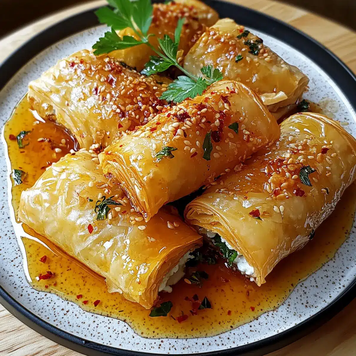 Oven Fried Feta Rolls with Chili Honey