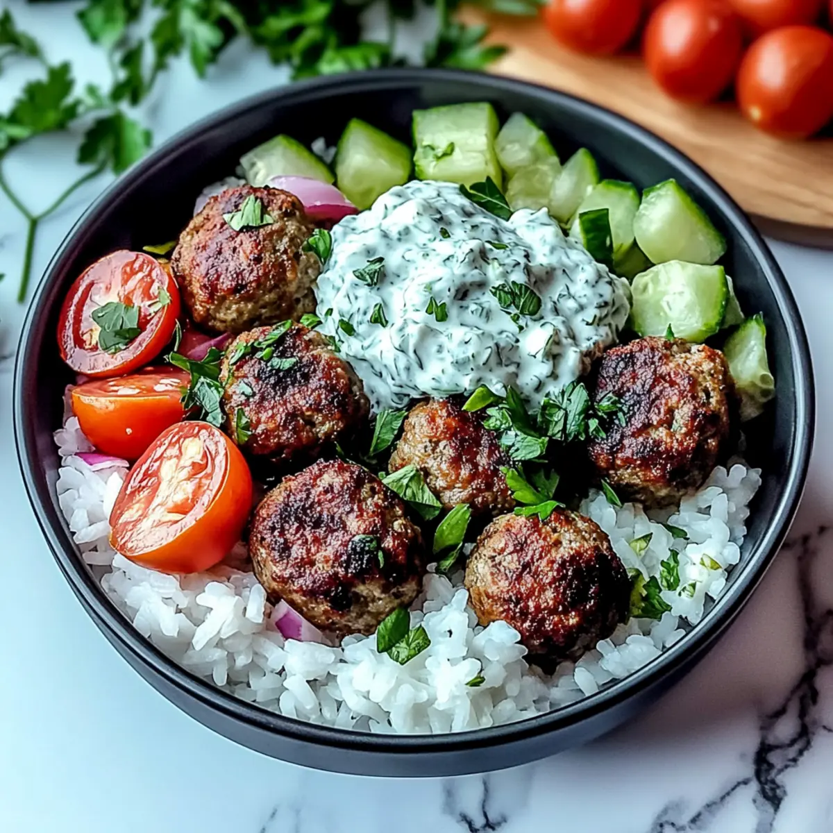 Greek Meatball Bowl with Tzatziki, Rice & Fresh Veggies Bliss