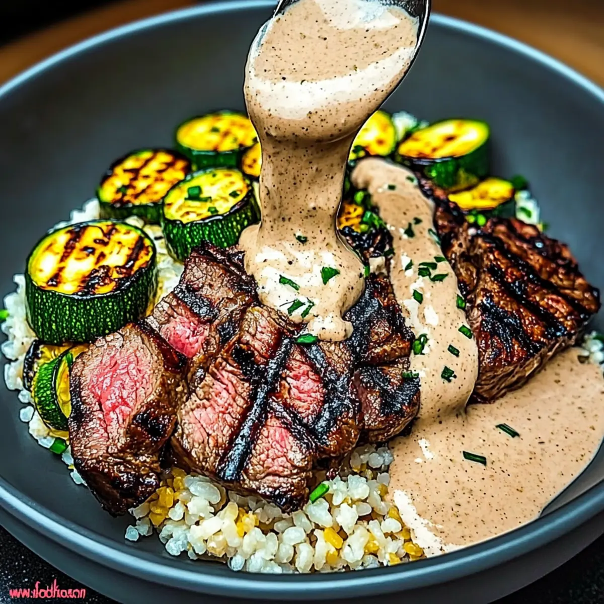 Grilled Steak Bowl with Creamy Sauce & Grilled Zucchini Delight