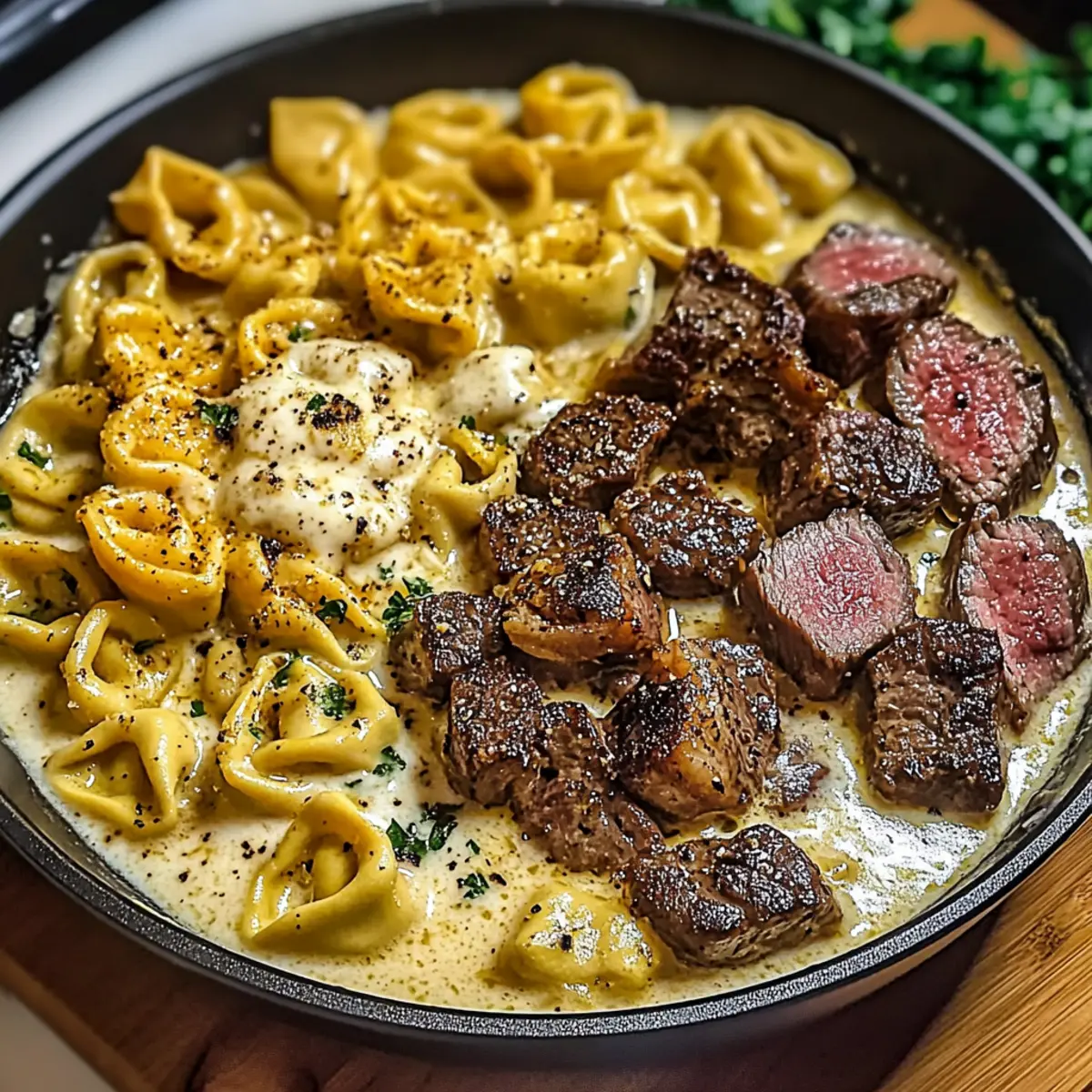 Garlic Steak & Cheese-Filled Tortellini Skillet