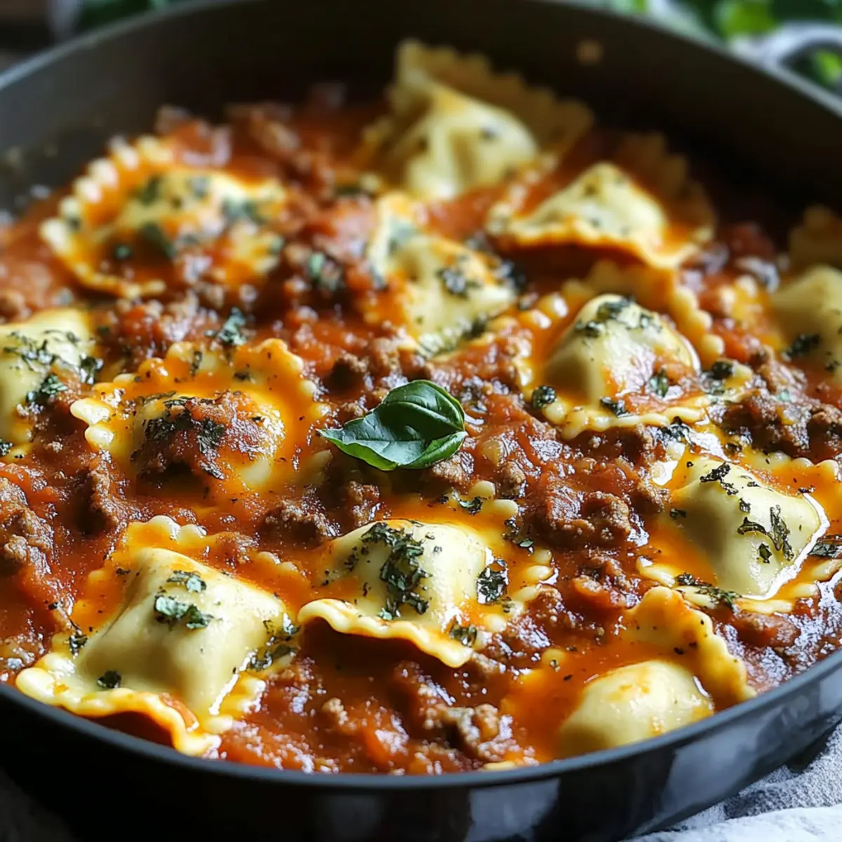 One Pot Ravioli in a Creamy Tomato Beef Sauce