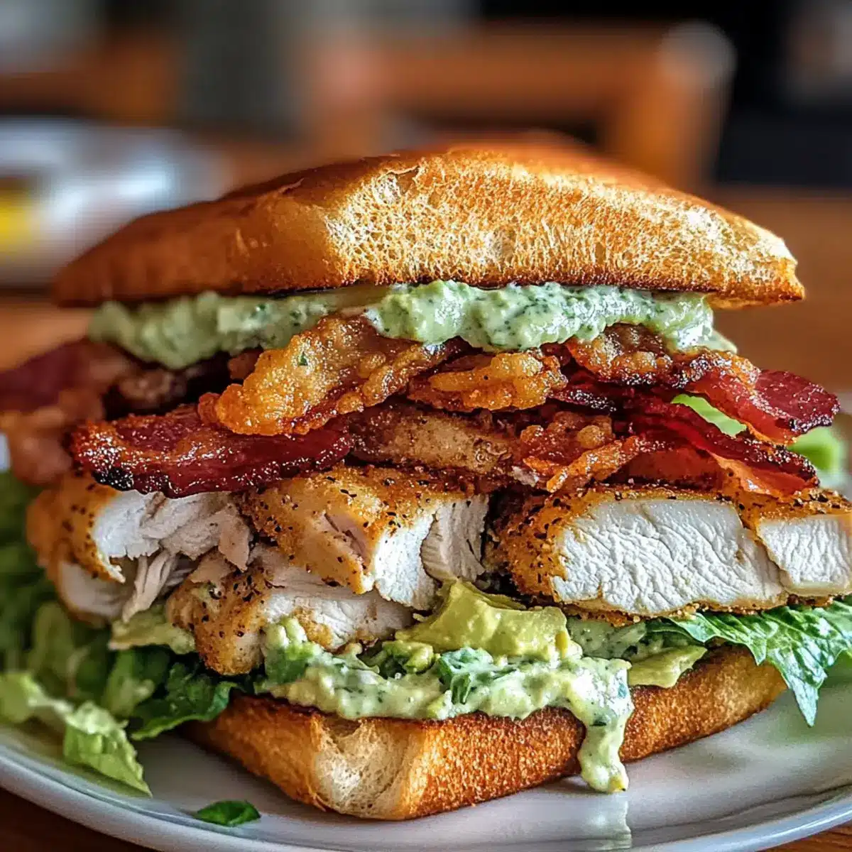 Loaded Chicken Club Sandwich with Crispy Bacon and Avocado Ranch Spread