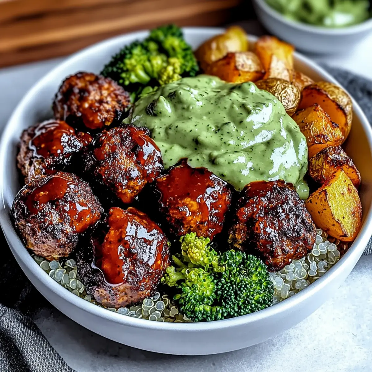 Barbecue Meatball Bowls with Creamy Avocado Sauce