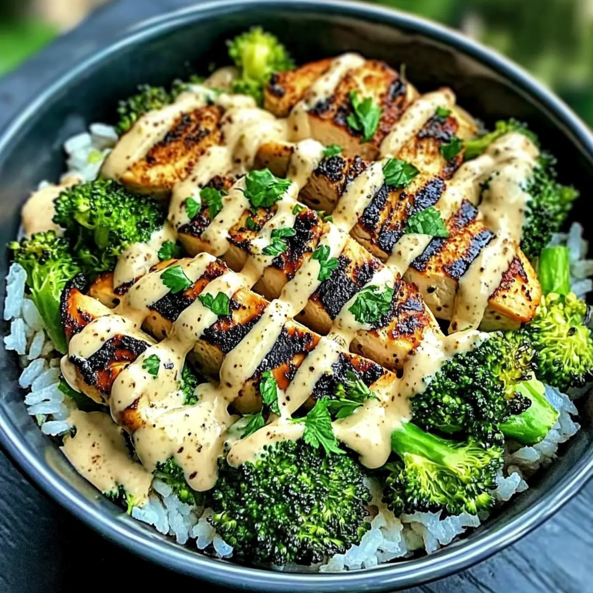 Grilled Chicken & Broccoli Bowls with Creamy Garlic Sauce
