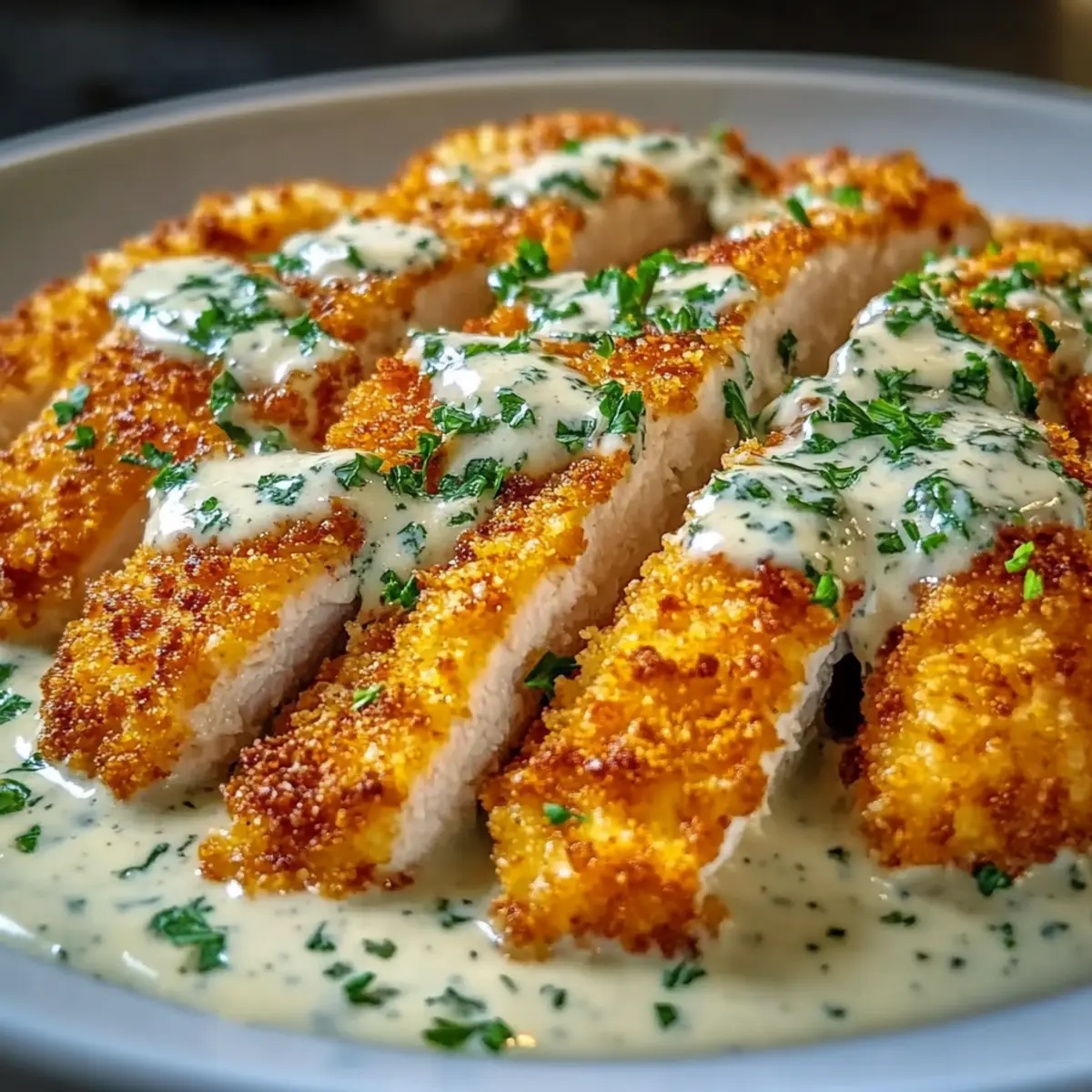 Crispy Parmesan Chicken with Creamy Garlic Sauce