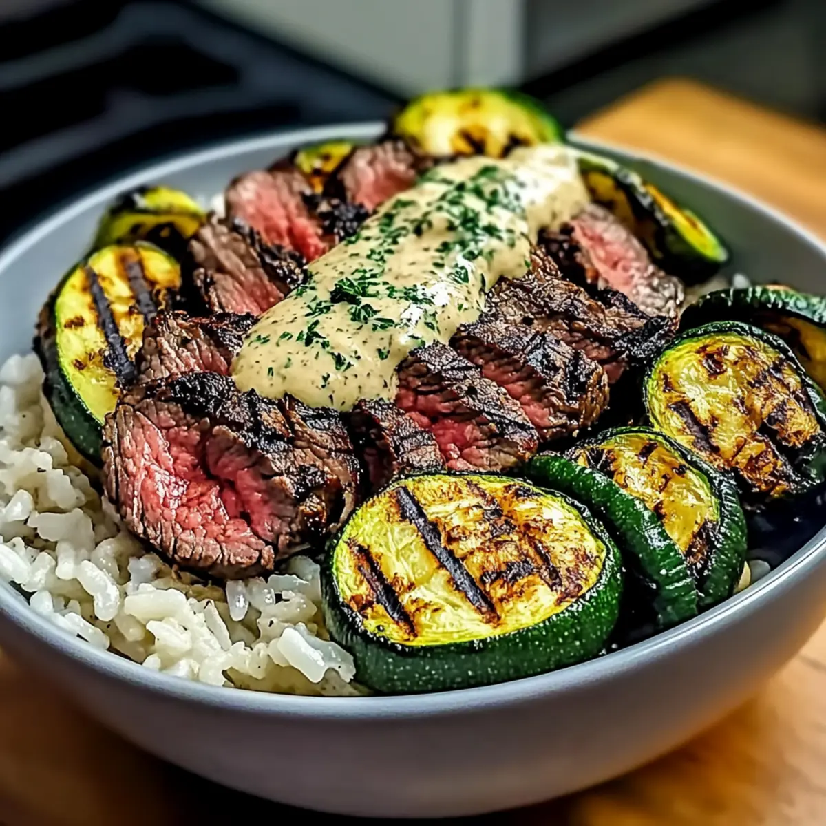 Grilled Steak Bowl with Sauce & Grilled Zucchini