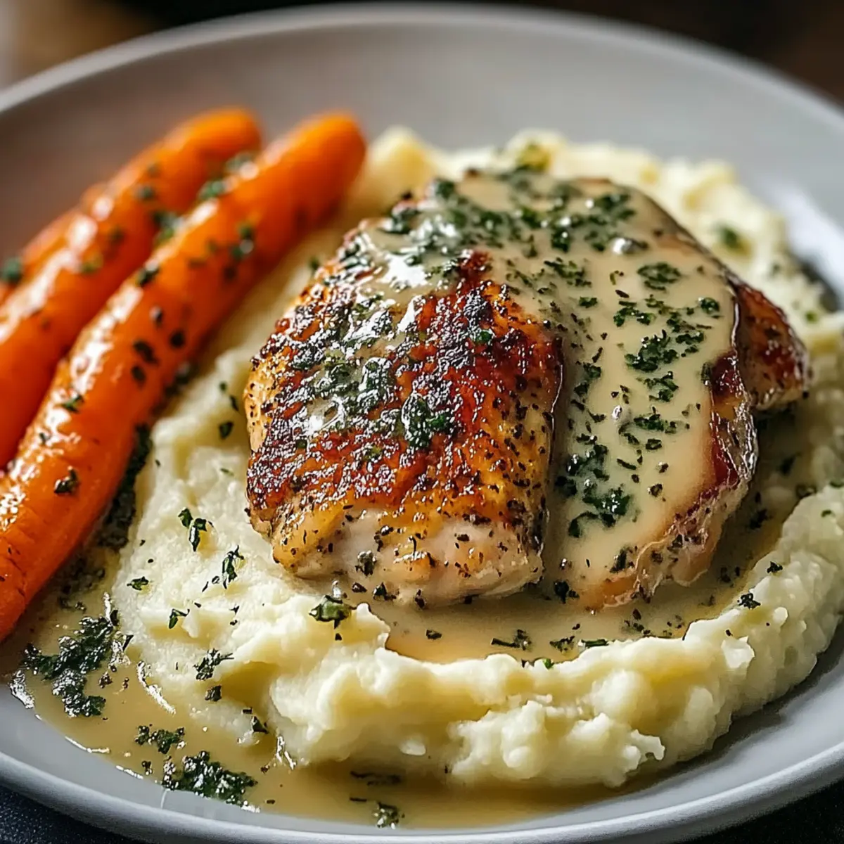 Creamy Herb Chicken with Mashed Potatoes & Glazed Carrots