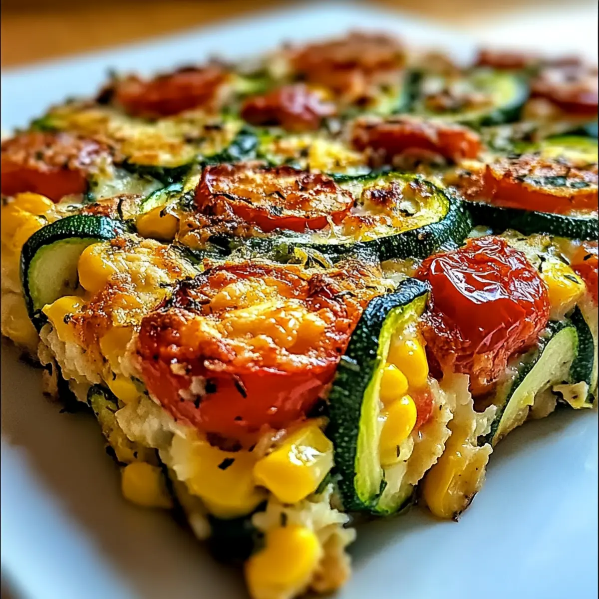 Cheesy Zucchini Corn Tomato Bake with Parmesan Crust