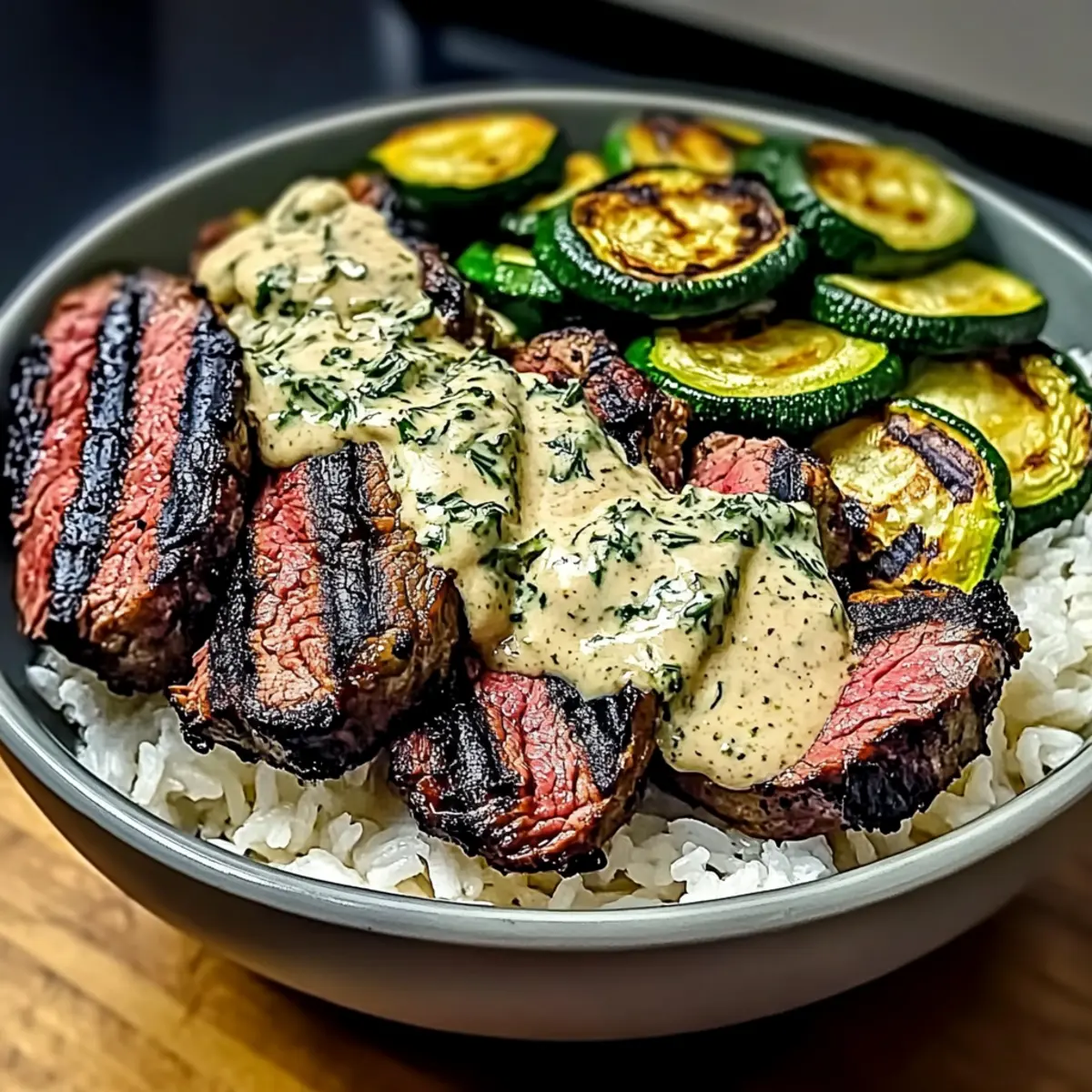 Grilled Steak Bowl with Sauce & Grilled Zucchini