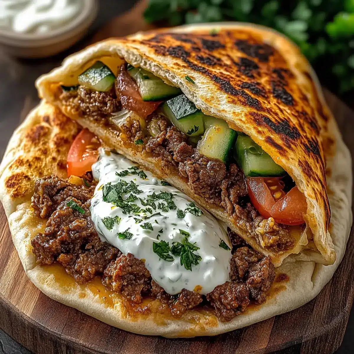 Greek Beef Stuffed Pita with Lemon Garlic Yogurt