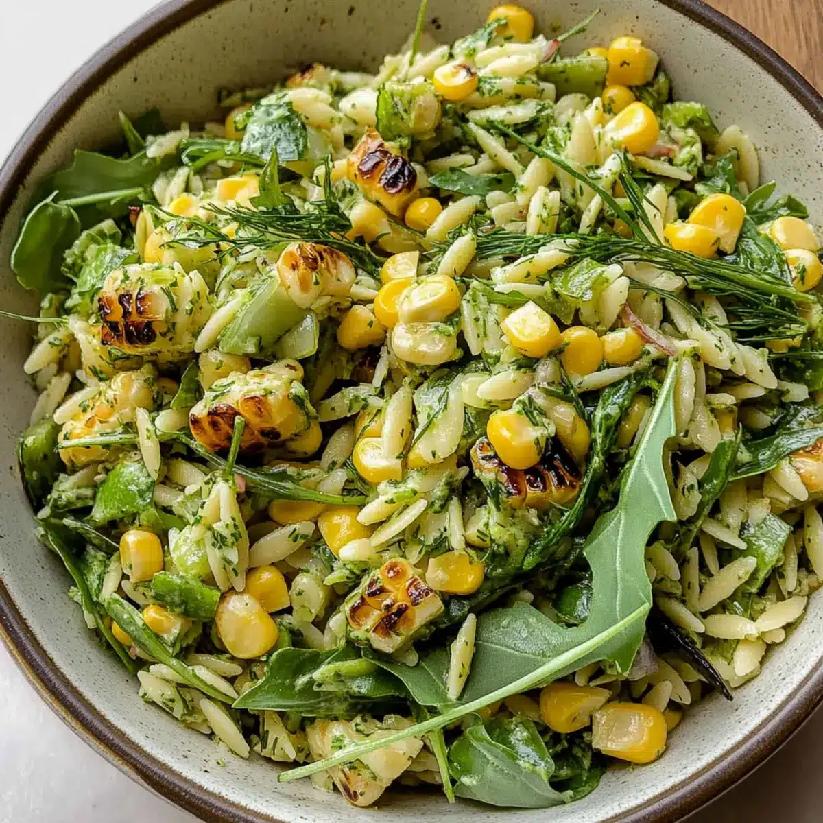 Grilled Corn Orzo Salad with Scallion Dill Dressing