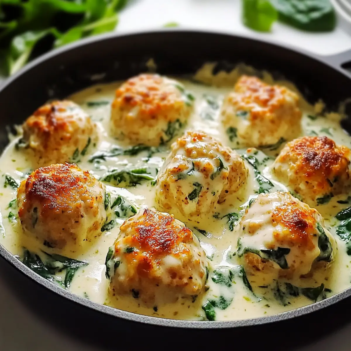 Baked Chicken Ricotta Meatballs with Spinach Alfredo