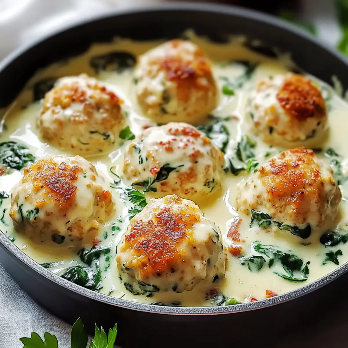 Baked Chicken Ricotta Meatballs with Spinach Alfredo