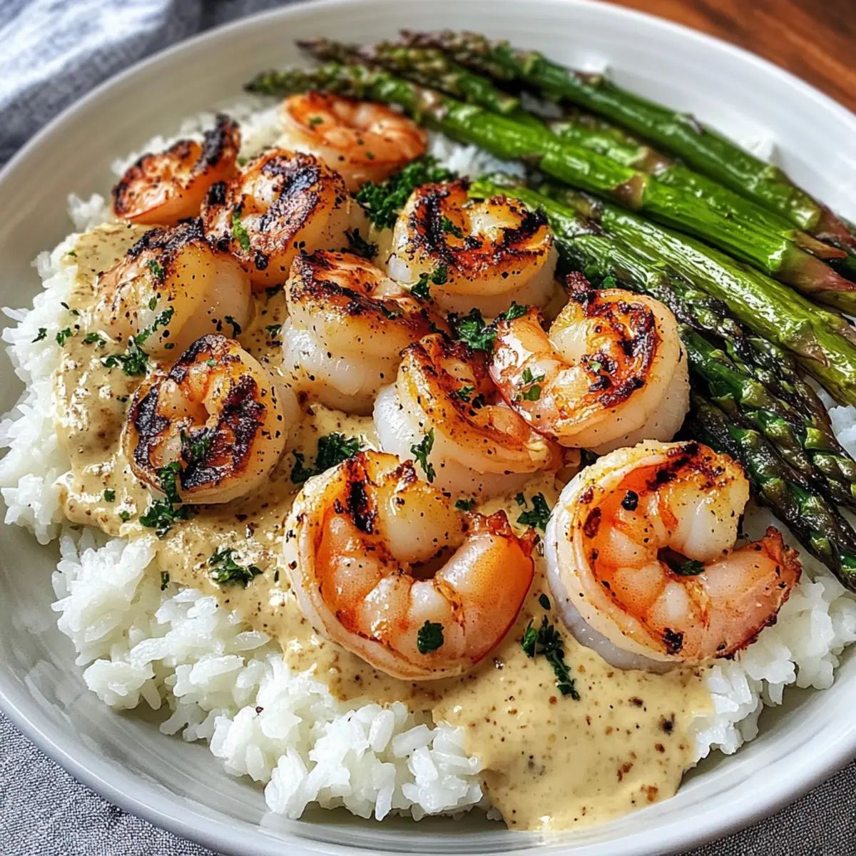 Grilled Shrimp Bowl with Asparagus & Creamy Garlic Sauce