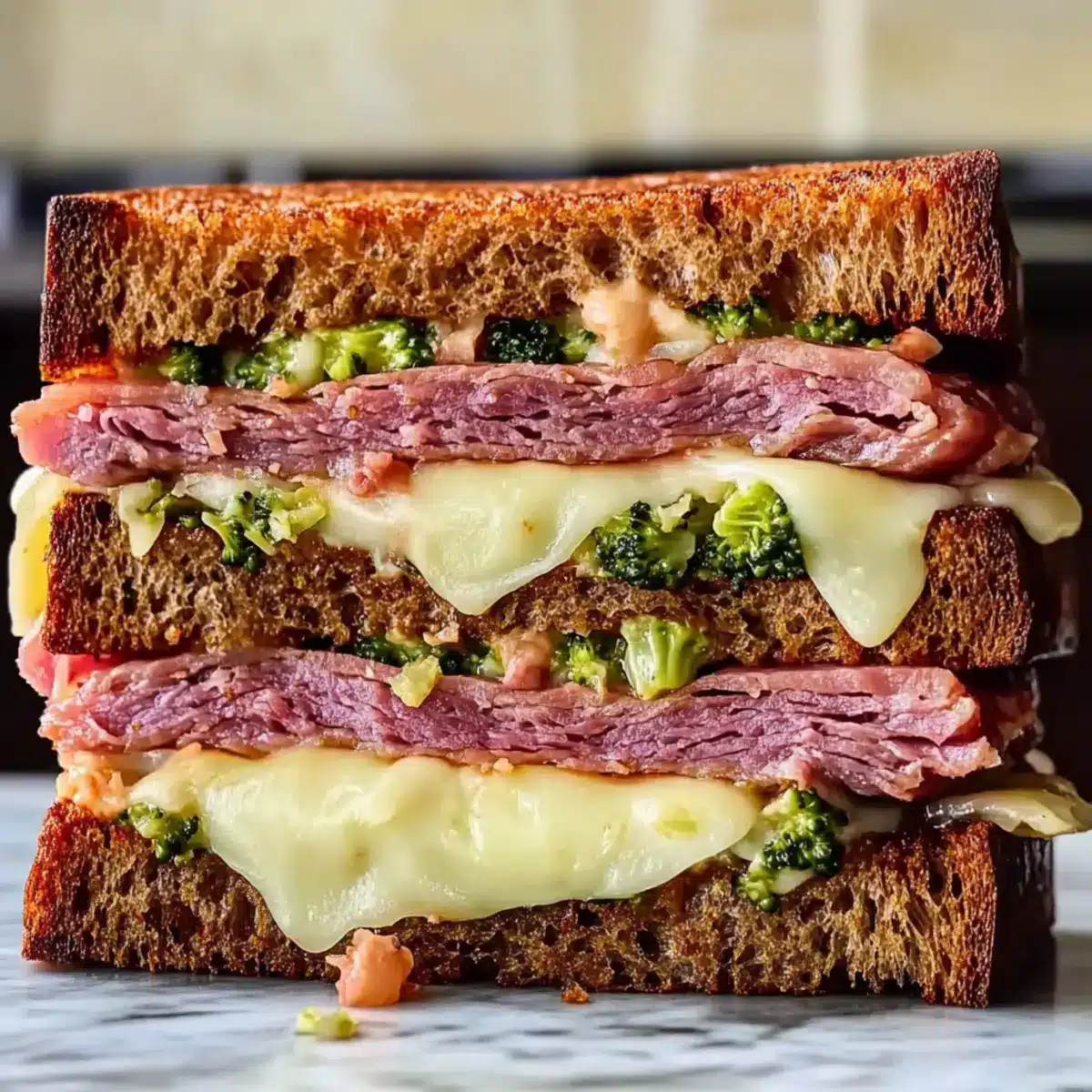 Pastrami Sandwich with Broccoli Slaw and Swiss Cheese