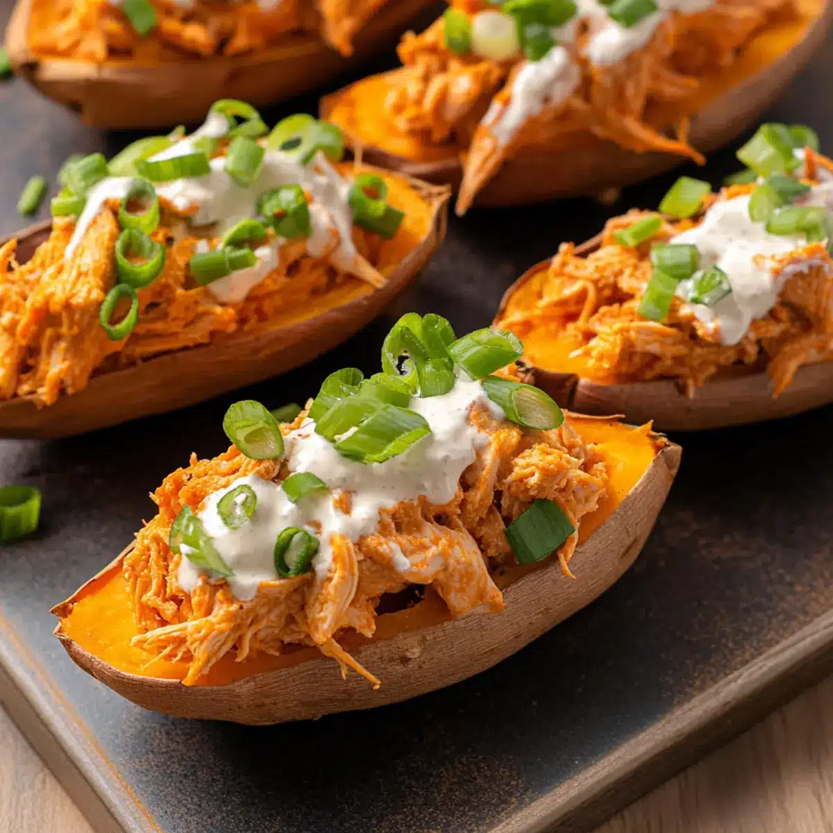 Buffalo Chicken Stuffed Sweet Potatoes