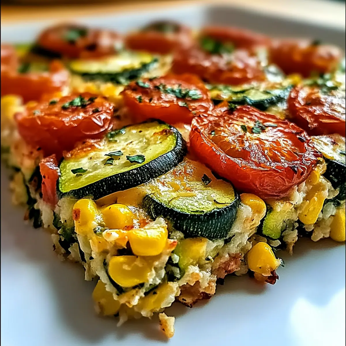Cheesy Zucchini Corn Tomato Bake with Crunchy Parmesan Crust