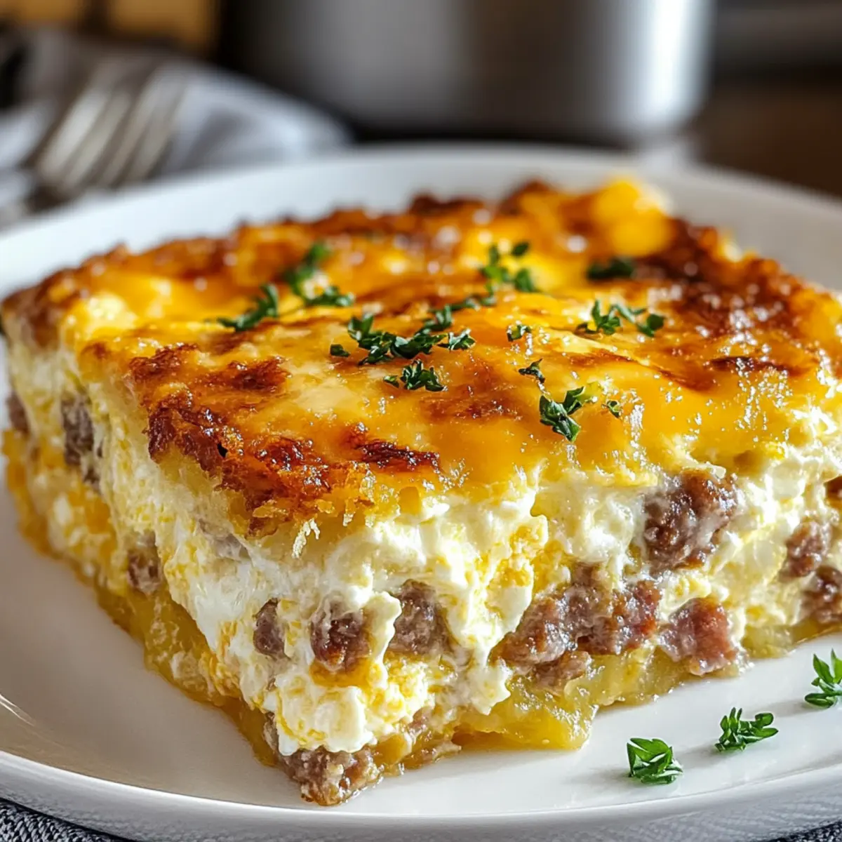 Sausage, Egg, and Cream Cheese Hashbrown Casserole Bliss